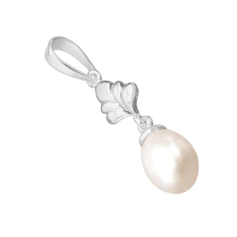 Drop Shape Real Pearl & Flower Silver Silver Plated Pendant for Girls (SP386)