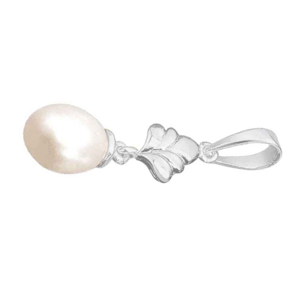 Drop Shape Real Pearl & Flower Silver Silver Plated Pendant for Girls (SP386)