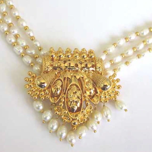 Ornateness - Gold Plated Pendant & 3 Line Real Rice Pearl & Gold Plated Beads Necklace for Women (SP396)