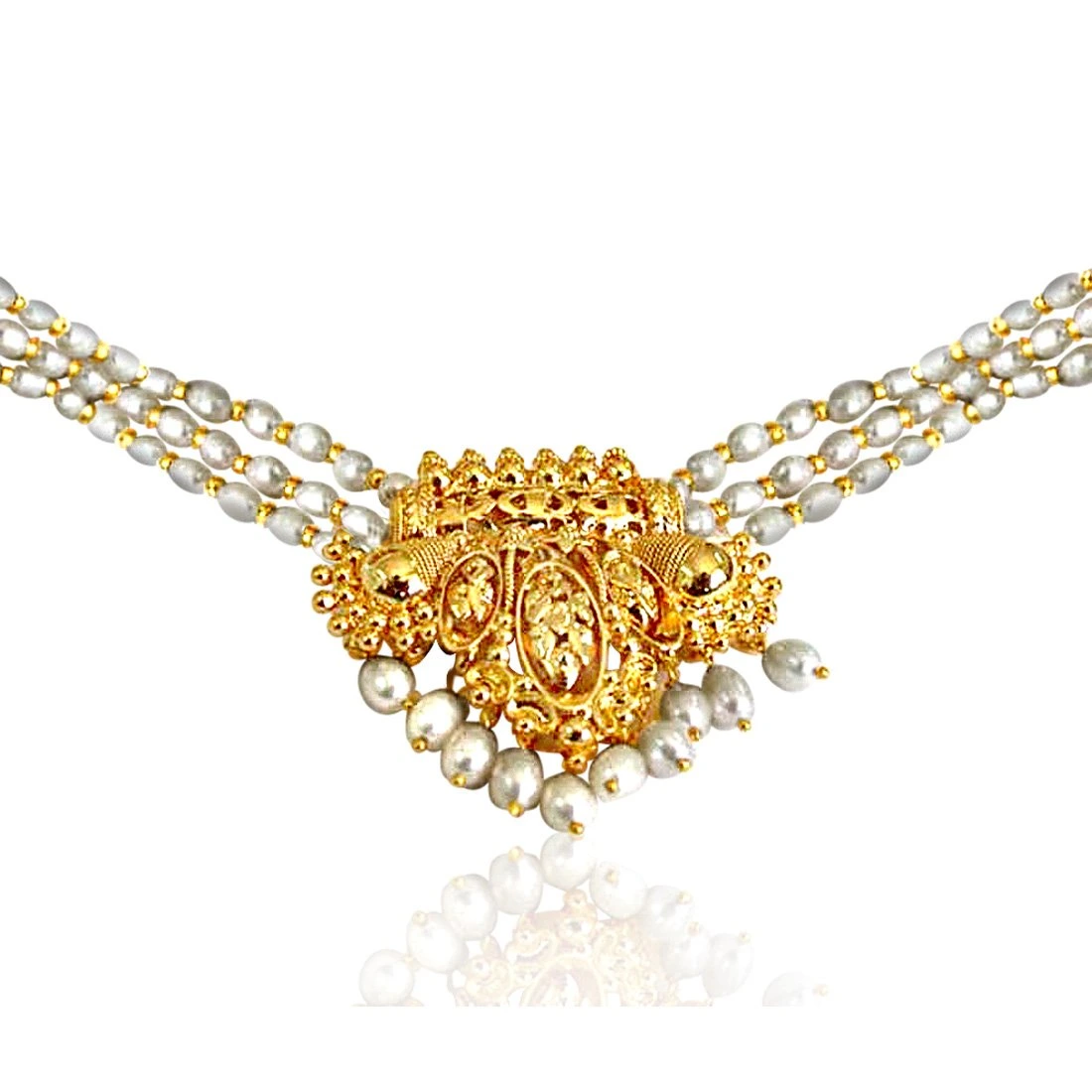 Ornateness - Gold Plated Pendant & 3 Line Real Rice Pearl & Gold Plated Beads Necklace for Women (SP396)