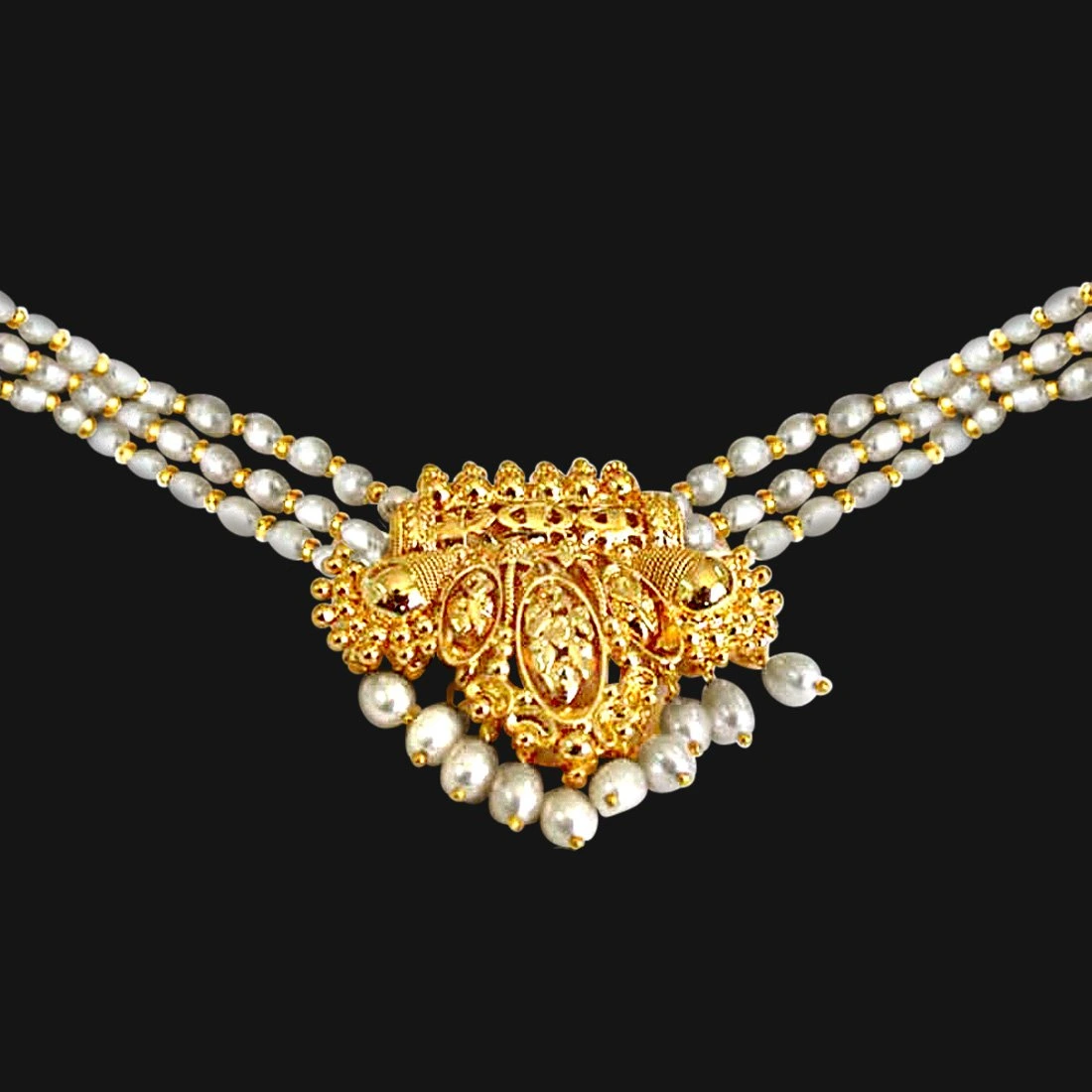 Ornateness - Gold Plated Pendant & 3 Line Real Rice Pearl & Gold Plated Beads Necklace for Women (SP396)