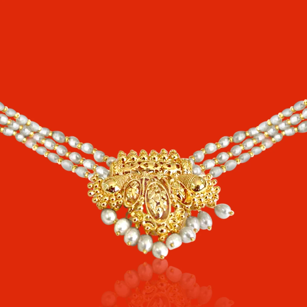 Ornateness - Gold Plated Pendant & 3 Line Real Rice Pearl & Gold Plated Beads Necklace for Women (SP396)