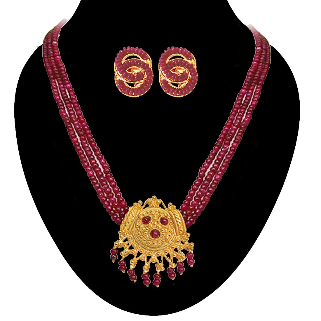 3 Line Real Ruby Beads & Gold Plated Pendant Necklace & Earring Set for Women (SP398)