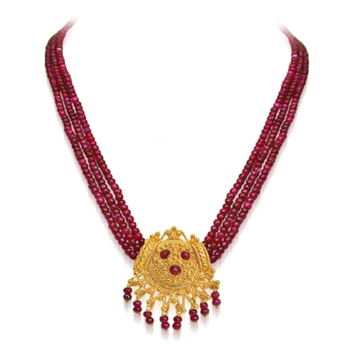 3 Line Real Ruby Beads & Gold Plated Pendant Necklace & Earring Set for Women (SP398)