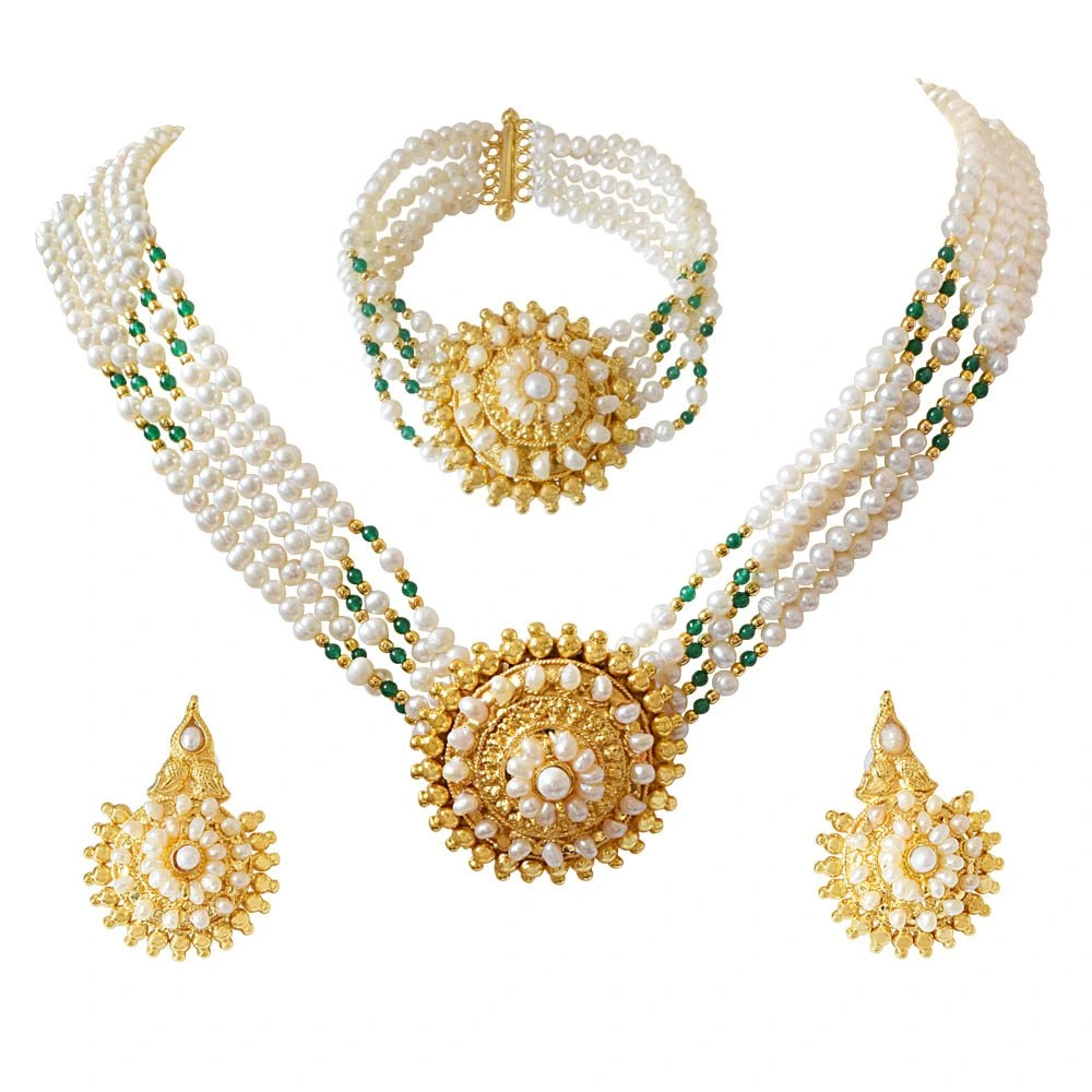 Pearl Femininity - Real Freshwater Pearl & Green Onyx Necklace, Bracelet & Earring Set for Women (SP92)