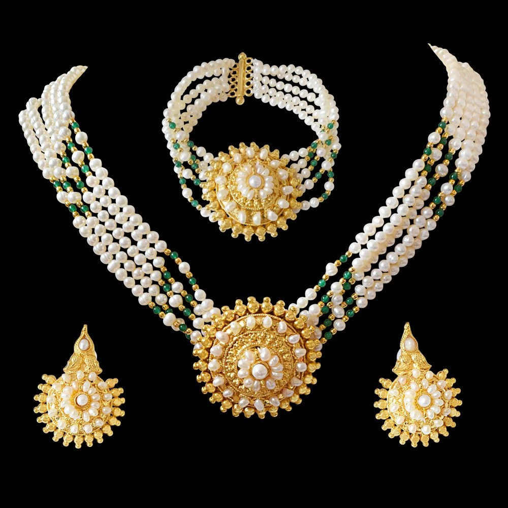 Pearl Femininity - Real Freshwater Pearl & Green Onyx Necklace, Bracelet & Earring Set for Women (SP92)