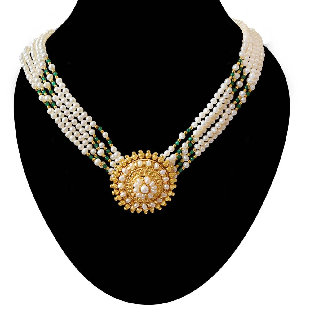 Pearl Femininity - Real Freshwater Pearl & Green Onyx Necklace, Bracelet & Earring Set for Women (SP92)