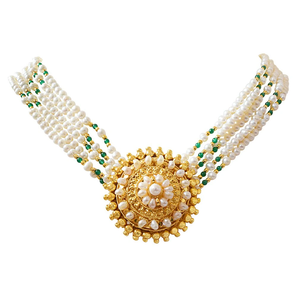 Pearl Femininity - Real Freshwater Pearl & Green Onyx Necklace, Bracelet & Earring Set for Women (SP92)