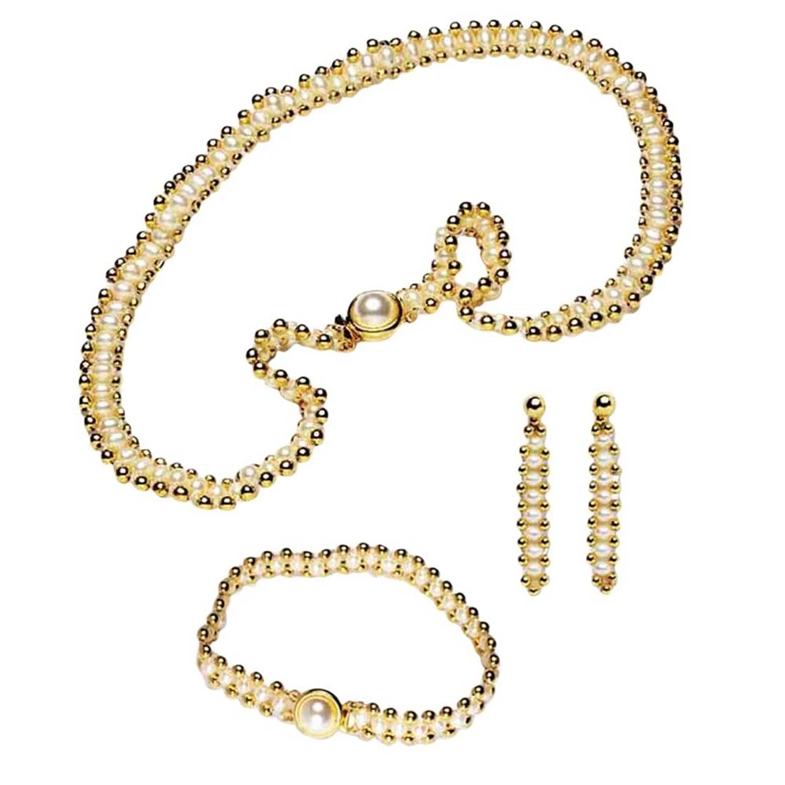 Enchanting Elegance Pearls - Real Freshwater Pearl & Gold Plated Beads Necklace, Bracelet & Earring Set for Women (SP96)