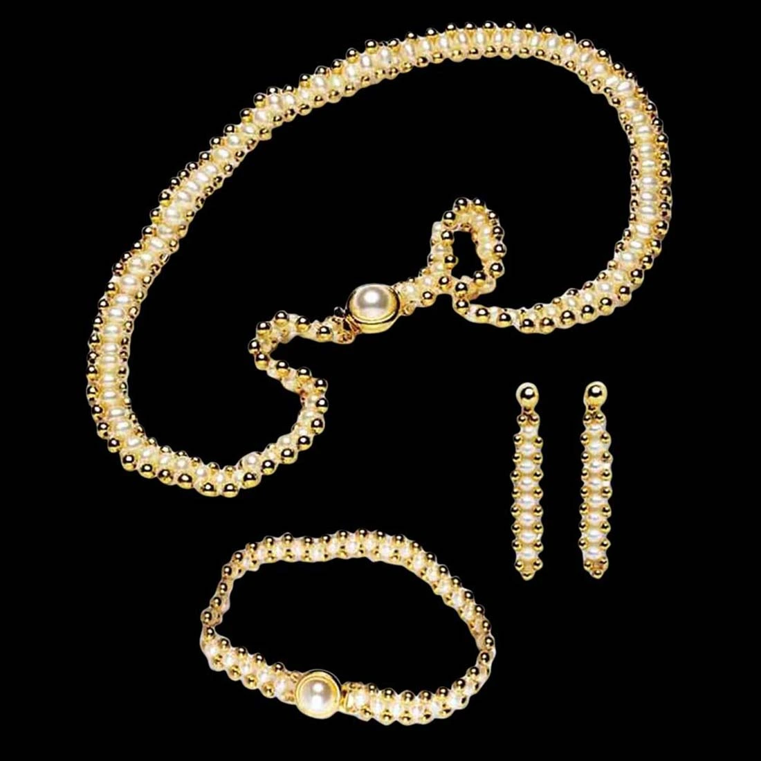 Enchanting Elegance Pearls - Real Freshwater Pearl & Gold Plated Beads Necklace, Bracelet & Earring Set for Women (SP96)
