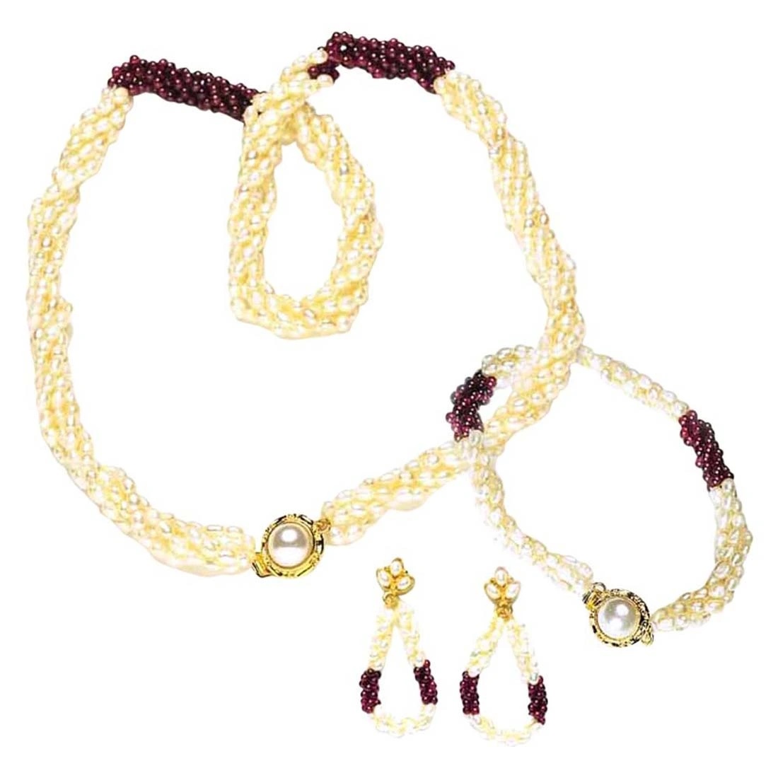 Enthralling Beauty - 3 Line Twisted Real Rice Pearl & Red Garnet Beads Necklace, Earring & Bracelet Set for Women (SP98)
