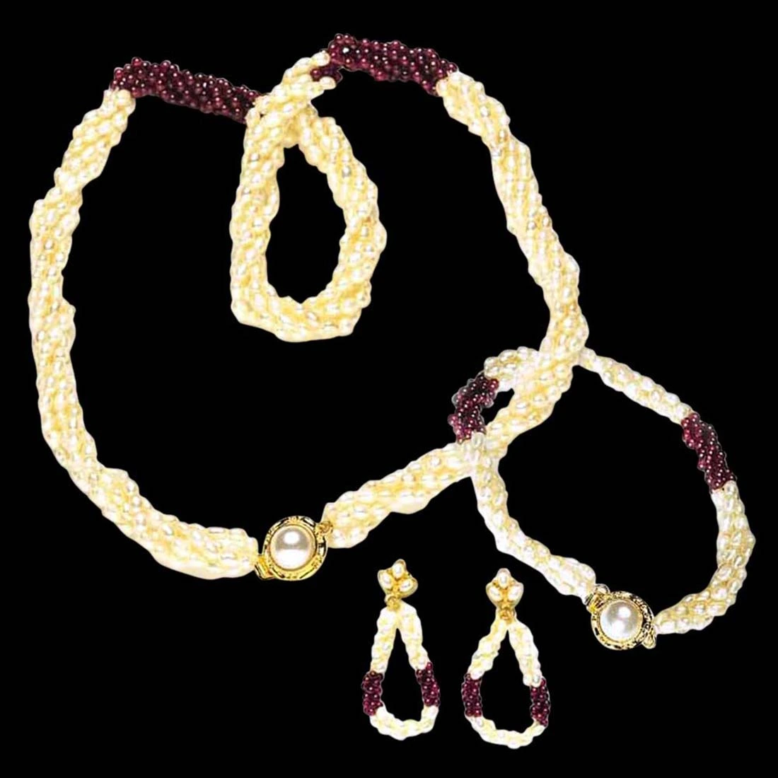 Enthralling Beauty - 3 Line Twisted Real Rice Pearl & Red Garnet Beads Necklace, Earring & Bracelet Set for Women (SP98)