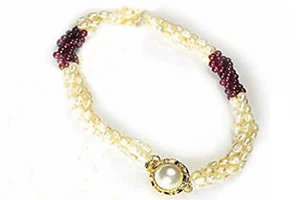 Enthralling Beauty - 3 Line Twisted Real Rice Pearl & Red Garnet Beads Necklace, Earring & Bracelet Set for Women (SP98)