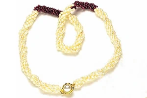 Enthralling Beauty - 3 Line Twisted Real Rice Pearl & Red Garnet Beads Necklace, Earring & Bracelet Set for Women (SP98)