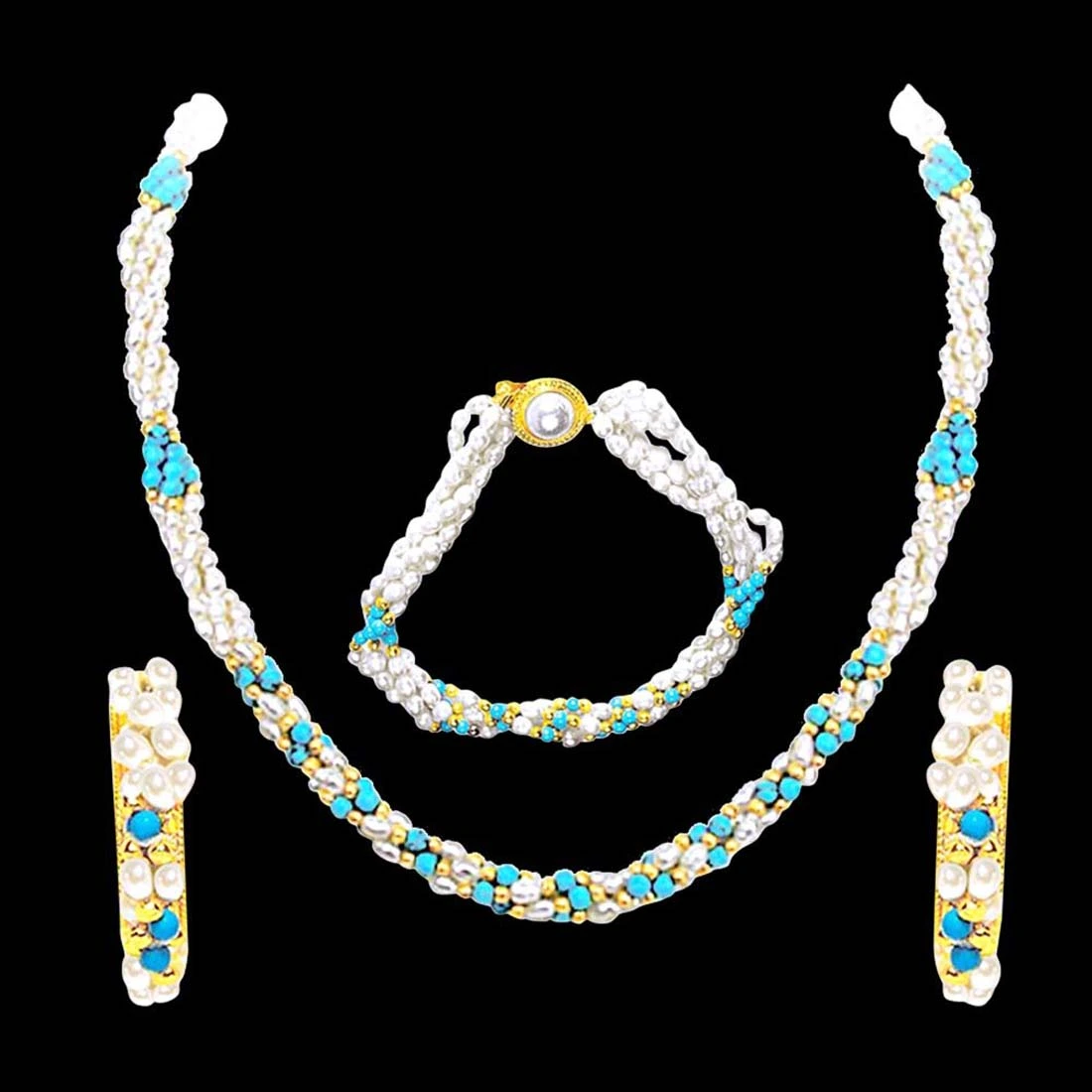 Splendid Perfection - 3 Line Twisted Real Rice Pearl & Turquoise Beads Necklace, Earring & Bracelet Set for Women (SP99)