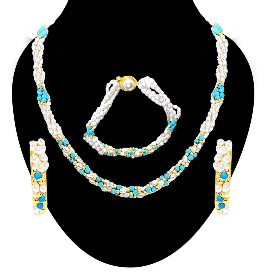 Splendid Perfection - 3 Line Twisted Real Rice Pearl & Turquoise Beads Necklace, Earring & Bracelet Set for Women (SP99)