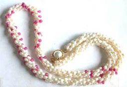 Splendid - 3 Line Twisted Real Pearl & Red Onyx Necklace (SN15)