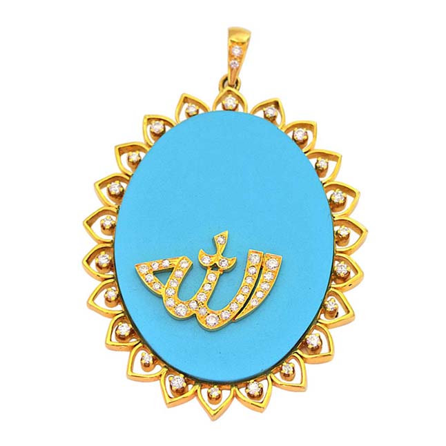 28.98ct Real Diamond & Blue Turquoise 18kt Gold Allah Pendants For Your