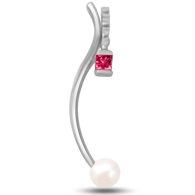 Red Ruby Pearl Pendant In 14kt White Gold