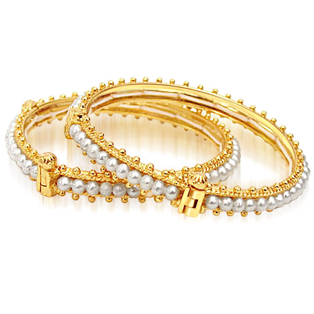 Bed of Roses - Real Freshwater Pearl & Gold Plated Bangles with Screw for Women (BGP6)