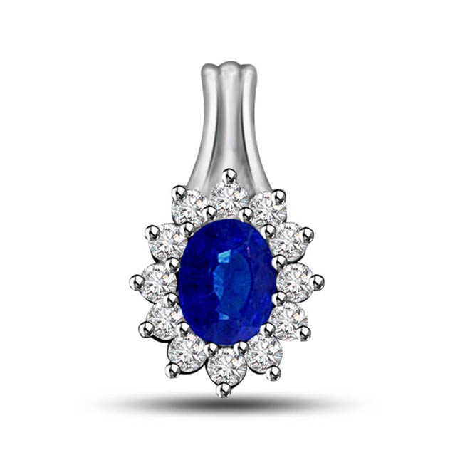 Blue Flower:Diamond & Sapphire Pendants In White Gold