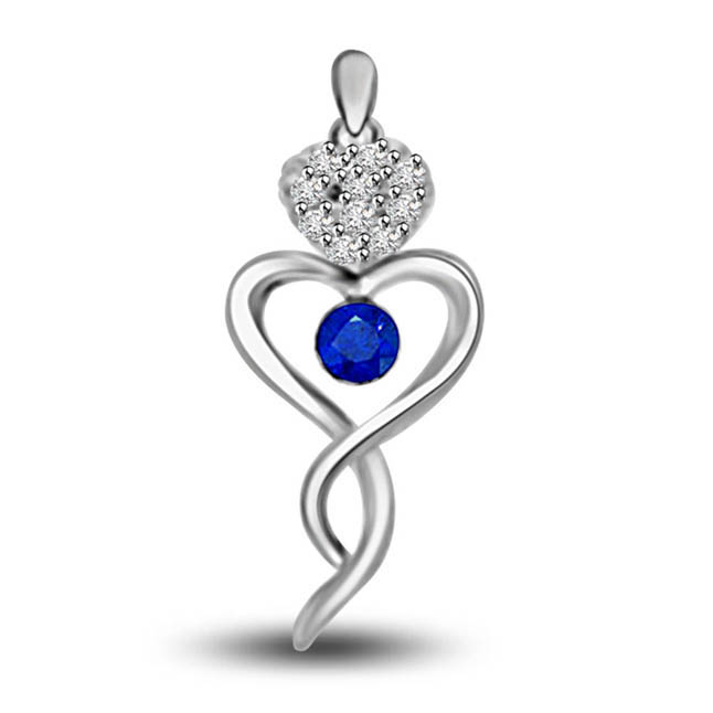 Blue Heart:Diamond & Sapphire White Gold Heart Shape Pendants For Her