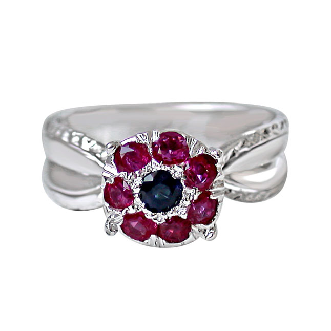 Blue sapphire & Red Ruby in Flower Shaped Silver Ring (GSR46)