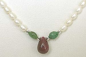 Drop Ruby, Oval Emeralds & Rice Pearl Necklace -Ruby+ Emerald