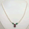 Drop Ruby, Oval Emeralds & Rice Pearl Necklace -Ruby+ Emerald