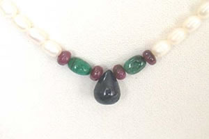 Drop Sapphire, Oval Emerald, Ruby Beads & Rice Pearl Necklace (SN1014)