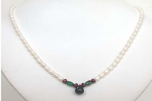 Drop Sapphire, Oval Emerald, Ruby Beads & Rice Pearl Necklace (SN1014)