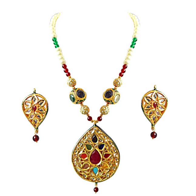 Drop Shaped Big Gold Plated Motif, Shell Pearl & Coloured Stone Necklace Set