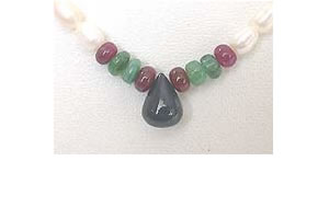 Faceted Drop Ruby, Oval Emerald & Rice Pearl Necklace (SN464)