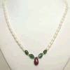 Faceted Drop Ruby, Oval Emerald & Rice Pearl Necklace