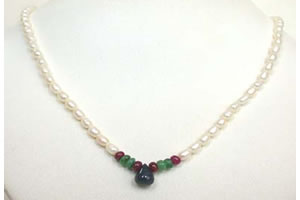 Faceted Drop Ruby, Oval Emerald & Rice Pearl Necklace (SN464)