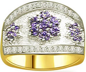 Flower Shape Round Sapphire & Diamond Two Tone rings 