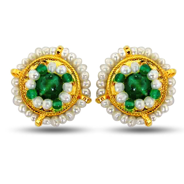 Glowing Green  Freshwater Pearl, Green Onyx & Gold Plated Kuda Earrings (SE39)