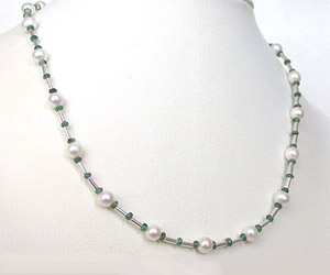 Gorgeous Girl - Single Line Freshwater Pearl, Emerald beads & Silver Plated Pipe Necklace for Women (SN201)