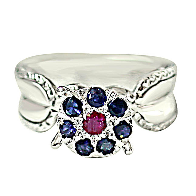 Red Ruby & Blue sapphire in Flower Shaped Silver Ring (GSR45)