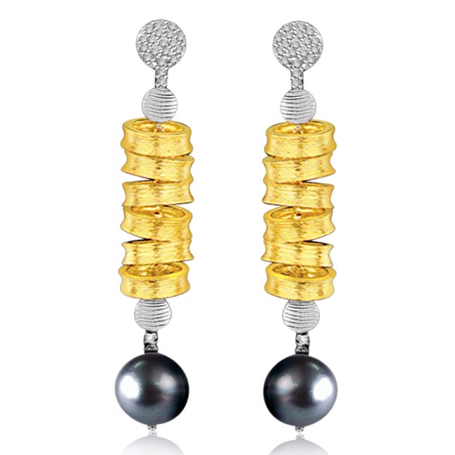 Hanging Gold & Pearl Two Tone Diamond & Tahitian Pearl Earrings