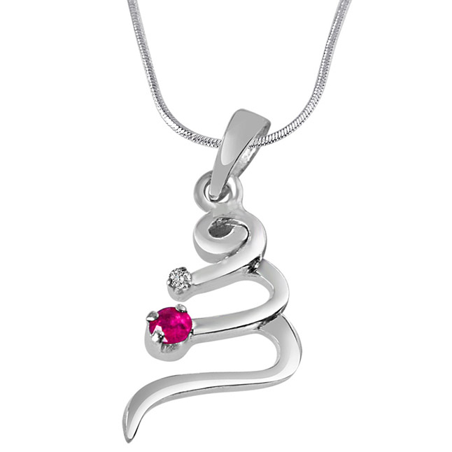 Memory Lane Real Diamond, Red Ruby & Sterling Silver Pendant with 18 IN Chain (SDP322)