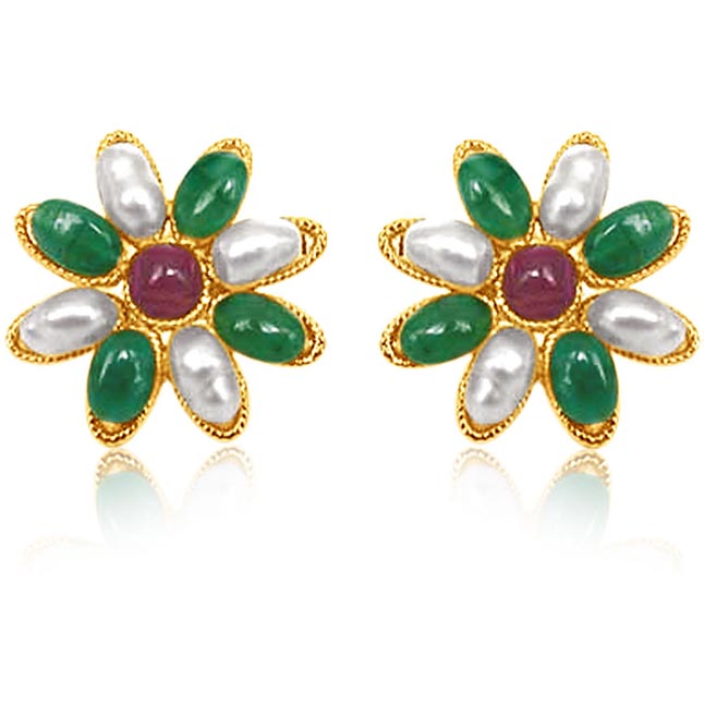 Star Shaped Real Ruby & Emerald & Rice Pearl Earrings for Women (SE122)