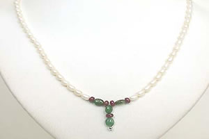 Oval Emerald, Ruby Beads & Rice Pearl Necklace (SN465)
