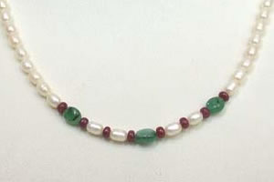 Oval Emerald, Ruby Beads & Rice Pearl Necklace (SN470)