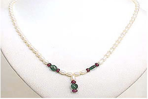 Oval Emerald, Ruby Beads & Rice Pearl Necklace (SN466)