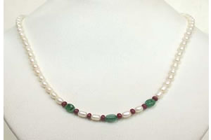 Oval Emerald, Ruby Beads & Rice Pearl Necklace (SN470)