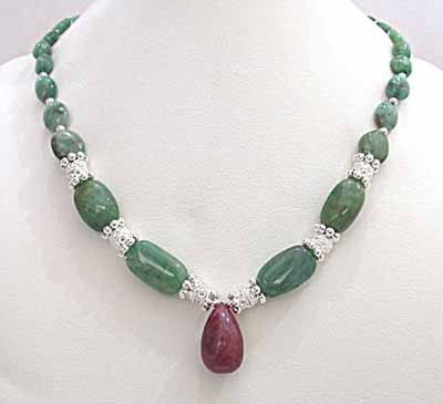 Oval Green Emerald +Drop Ruby Necklace (SN346)