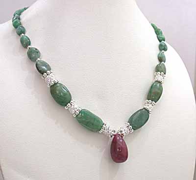Oval Green Emerald +Drop Ruby Necklace -Precious Stone Necklace