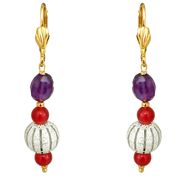 Oval Purple Amethyst, Silver Plated Ball & Red Beads Earrings (SE185)