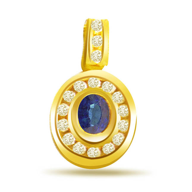 Serene Blue Delight -0.17ct Diamond & Oval Sapphire Gold Pendants